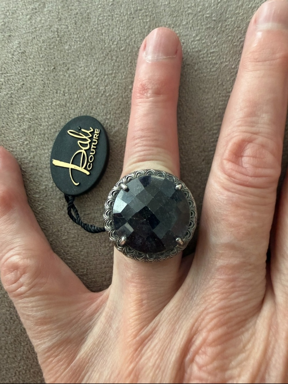 Bali Couture Silver Ring with Dark Gray Faceted Stone